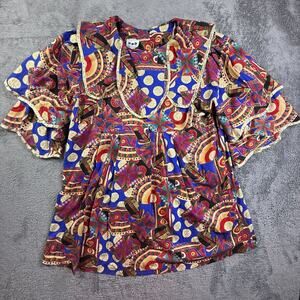 FAD Vtg 80s Womens XL Egyptian Pharaoh Art Print Blouse Tiered Sleeve Top